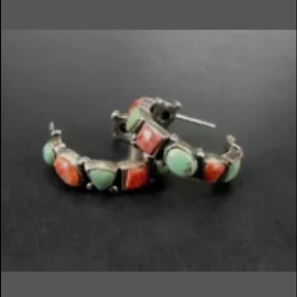 Native American turquoise, red coral, silver hoops - Picture 3 of 7